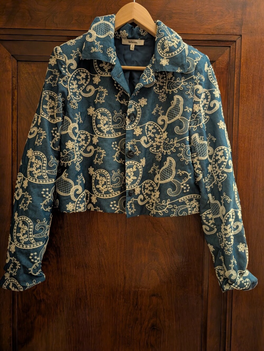 Blue Paisley Embroidered Cropped Jacket